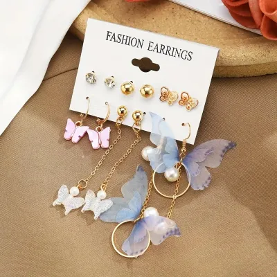 Charming Fairy Style Butterfly Pearl Dangle Earrings Set (6 pairs)